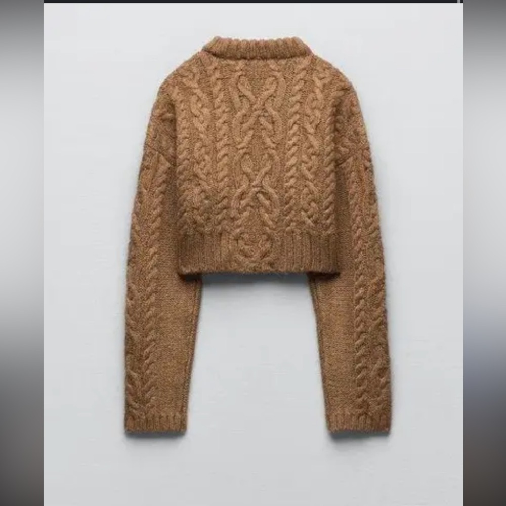 Cable Knit Cropped Sweater - Brown - image 4